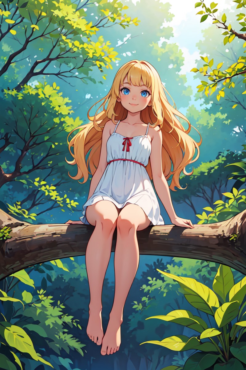 full body of cat girl sitting on branch in forest,best quality,highres,from below,cute,barefoot,white sundress,long hair,w...
